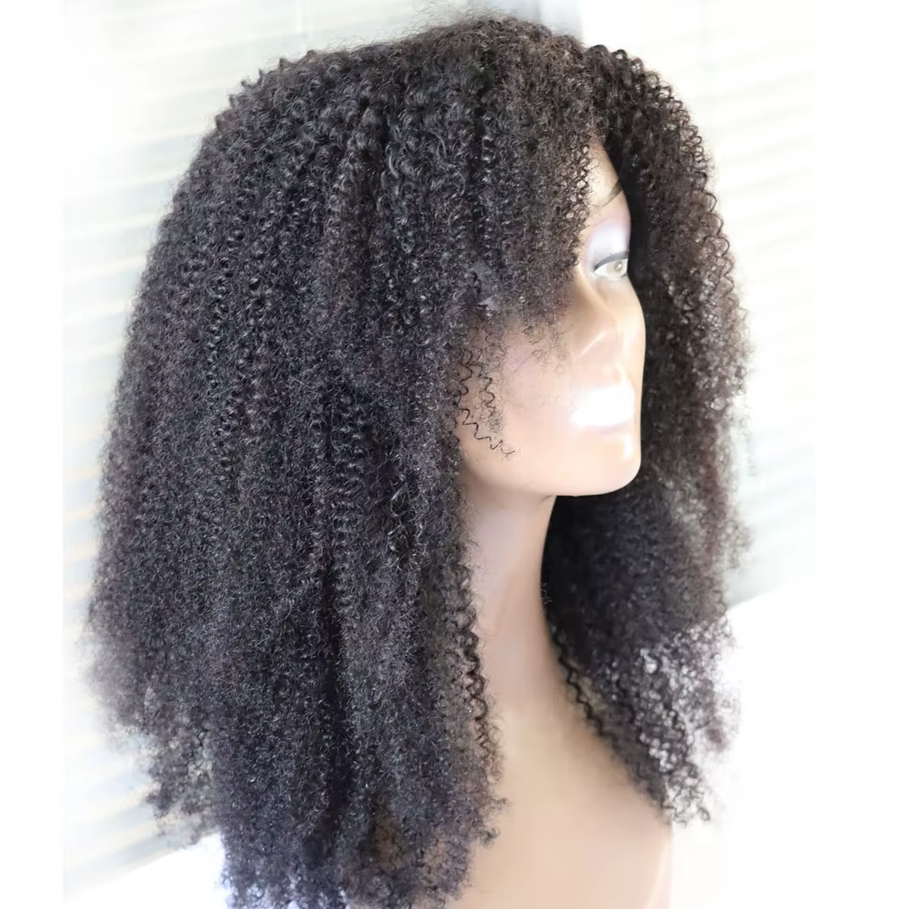 Perruque en cheveux humains vierges brésiliens bouclés afro, fabriquée à la machine, avec frange et boucles, pour femmes noires, de chez Aliexpress