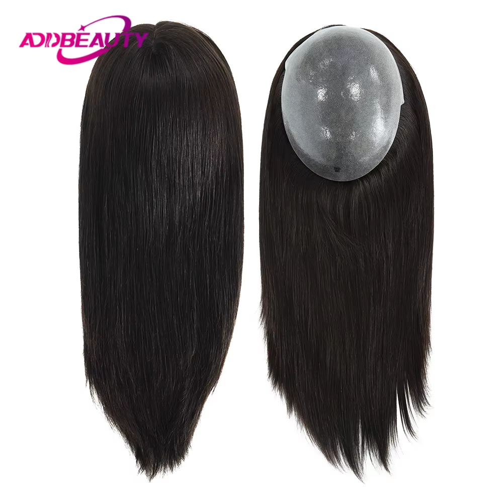 Perruques de cheveux humains droites pour femmes toupet complet en polyuréthane 100% vrais
