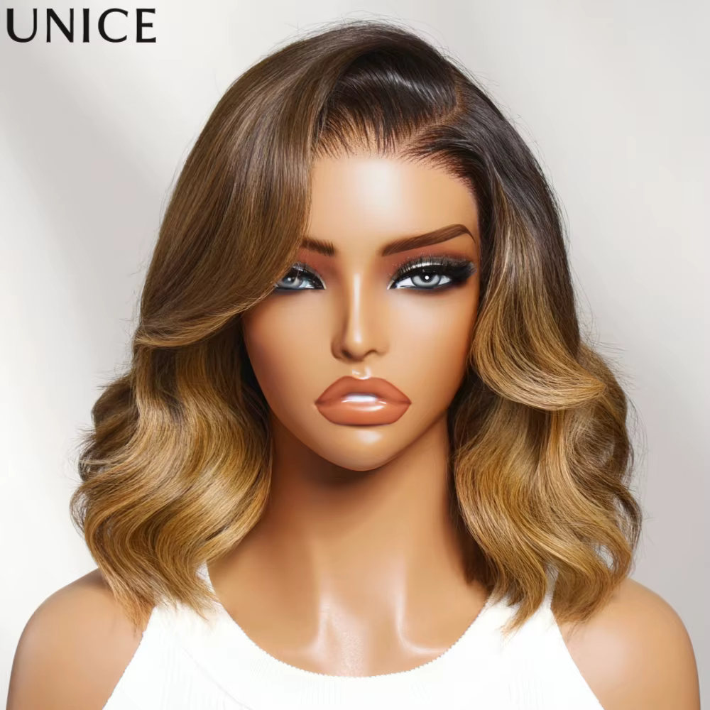 Perruque Bob Ondulée UNice Marron avec Mèches Blondes
