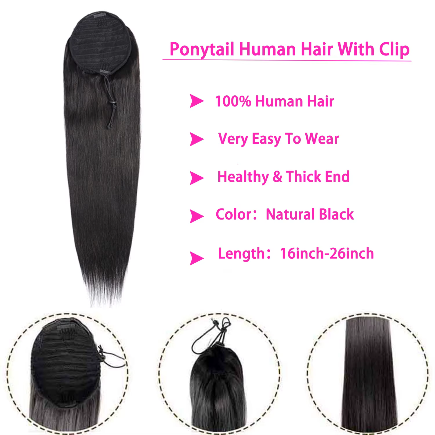 Queue de cheval Extensions de cheveux humains avec pince 10 "-26" 100 grammes couleur naturelle droite