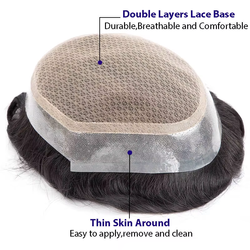 Toupet hommes australie-Double couche mâle prothèse de cheveux respirant dentelle et Pu Base homme perruque 6 "naturel