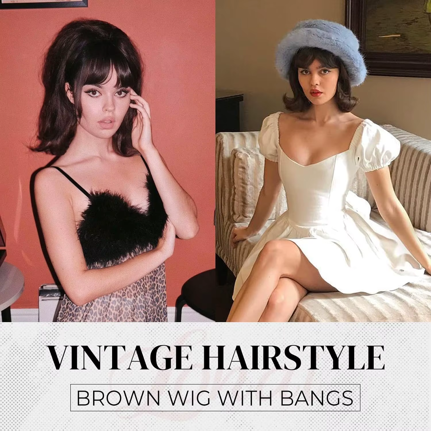 Perruque marron rétro 50S 60S 70S pour dames avec frange
