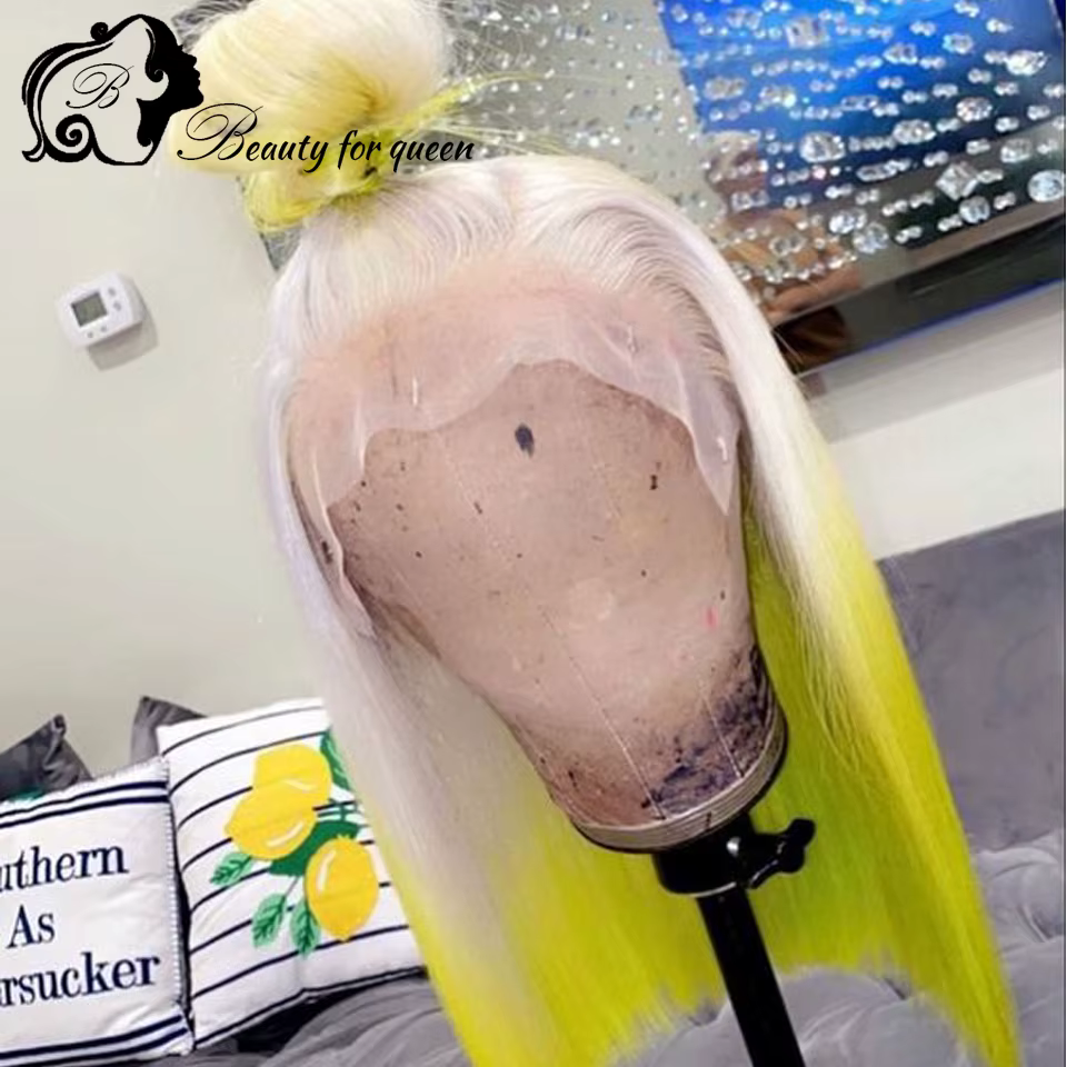 Miel Blonde Ombre 60 rose bleu violet couleur 13x4 dentelle avant perruques de cheveux humains pour femme jaune vert