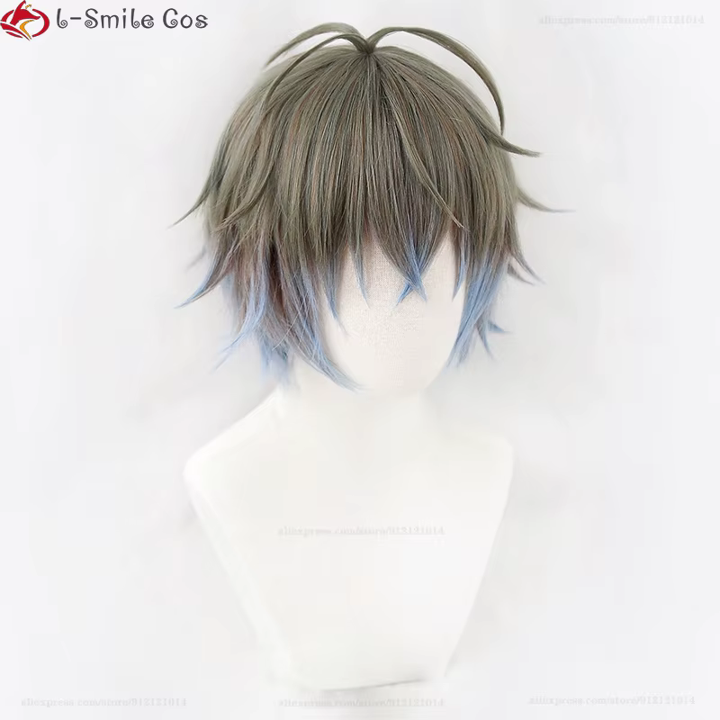 Haute qualité VTuber NIJISANJI Luxiem Ike Eveland Cosplay perruque gris brun dégradé bleu clair résistant à la chaleur synthétique cheveux perruques