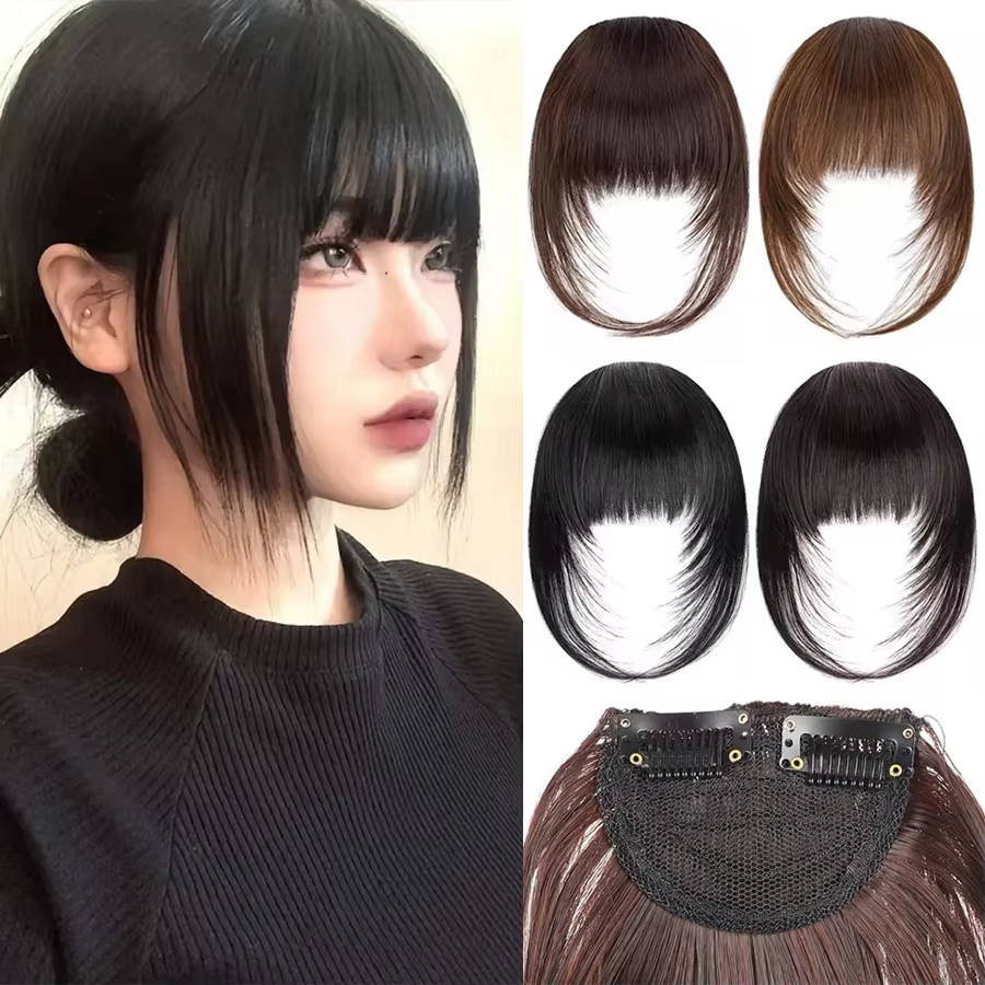 Extensions de cheveux synthétiques droites pour femmes avec frange superposée