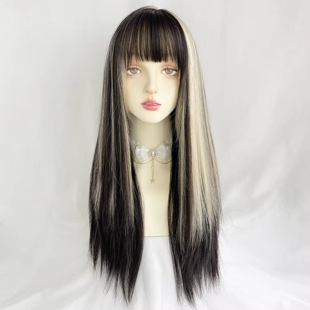 Perruque Synthétique Longue et Lisse avec Frange pour Femme