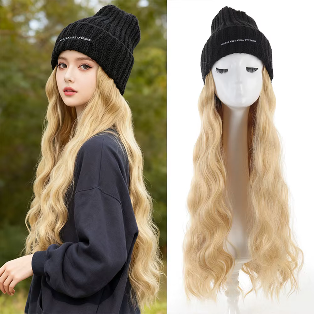 Bonnet en tricot avec extensions de cheveux synthétiques longues et ondulées intégrées