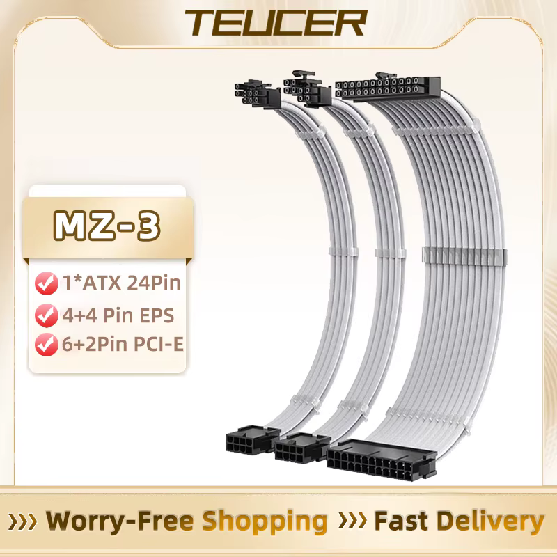 TEUCER MZ-3 Kit de câble d'extension PSU blanc 3-en-1 ensemble 300mm PSU vers ATX 24 broches PCI-E 6 + 2 broches CPU 4 + 4 broches câble avec peignes