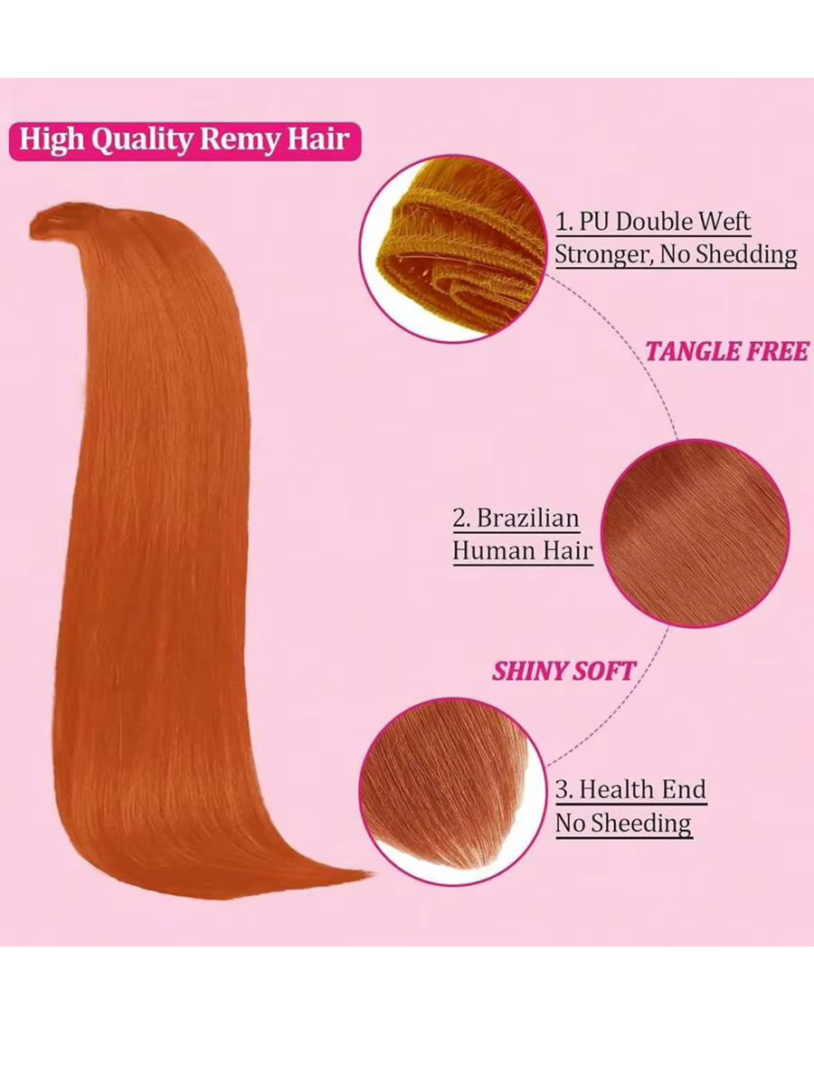 Extensions de cheveux humains vierges couleur gingembre, douces et soyeuses, pleine densité, clips stables, pose rapide, cheveux naturels pour femme