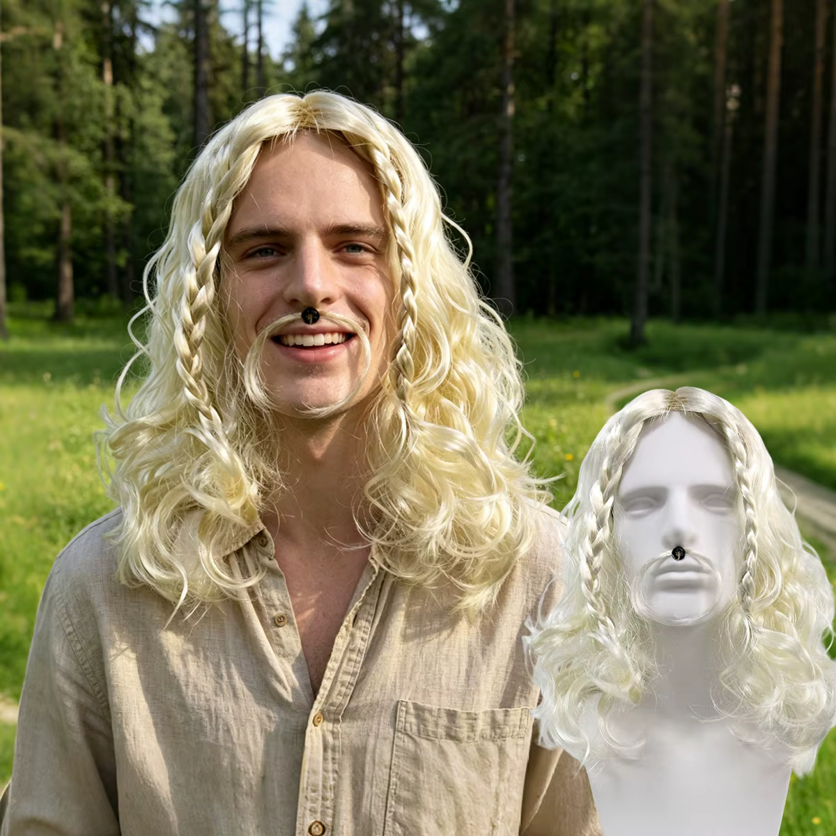 Perruque synthétique blonde de Viking pour homme avec tresses et moustache