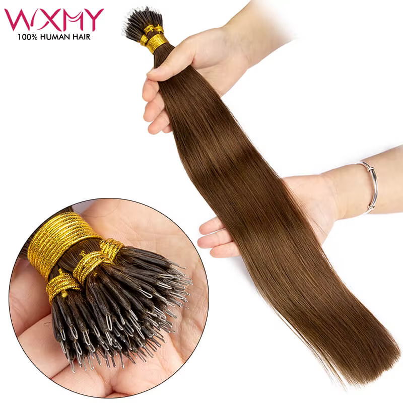 Extensions de cheveux naturels à micro-anneaux Nano lisses, 50 pièces/ensemble, brun clair, 50g 100g