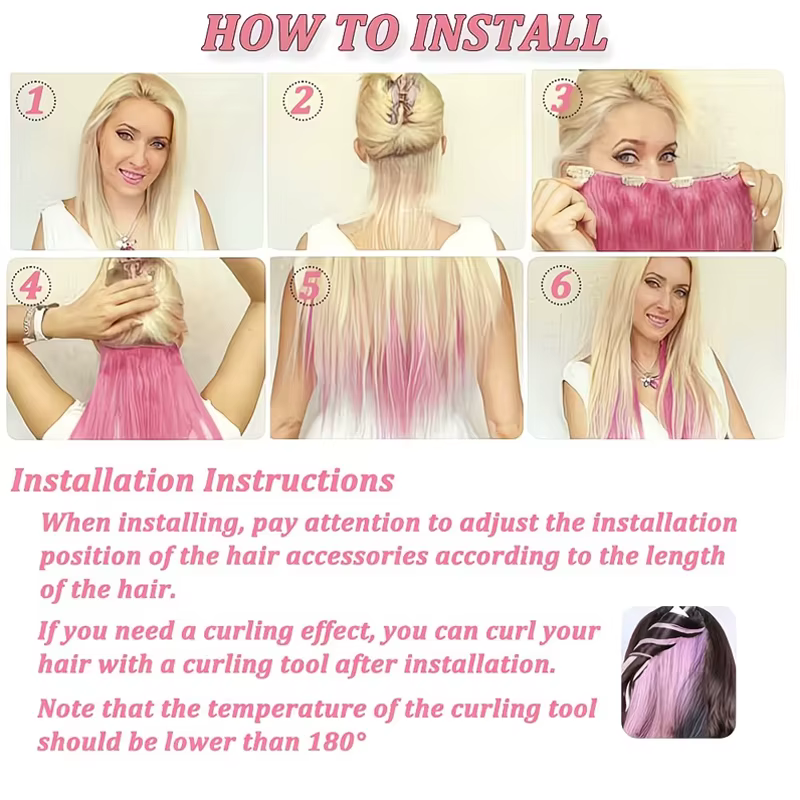 Extensions de cheveux colorées à clipser - Avec cinq clips / Postiche long et lisse en fibre synthétique résistante à la chaleur pour fille