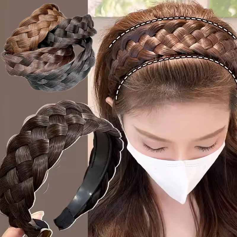 Perruque tressée bandeaux pour femmes arête de poisson large torsion