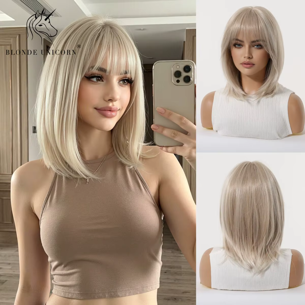 Perruque Bob dégradé blond platine de 12 pouces avec frange