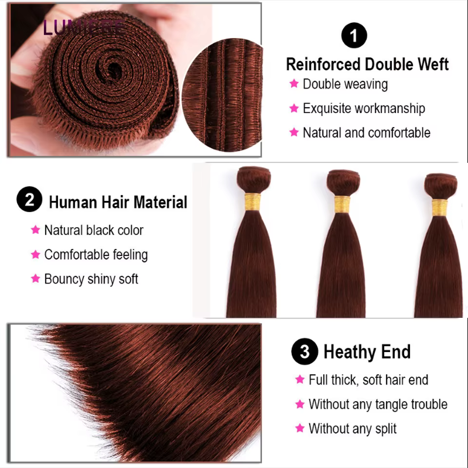 # Mèches brésiliennes 100% naturelles lisses, brun Auburn, avec Lace Frontal Closure transparente HD, Extension de cheveux vierges, 33