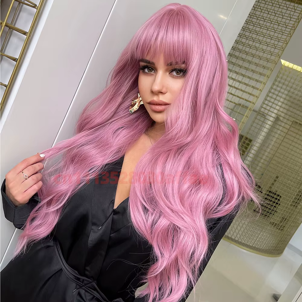 Perruque synthétique longue rose bouclée ondulée tendance avec frange