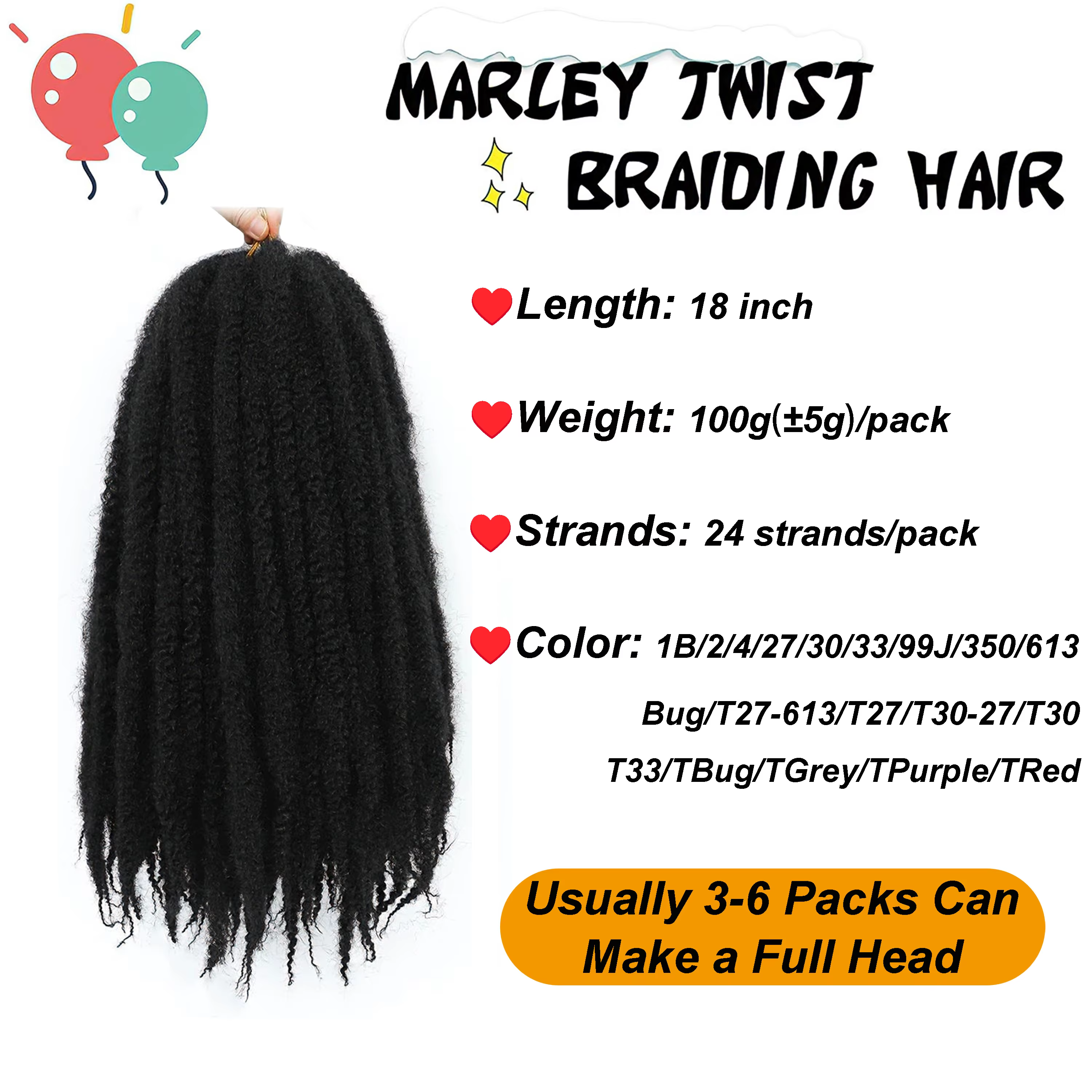 Extensions de cheveux synthétiques Marley de 18 pouces