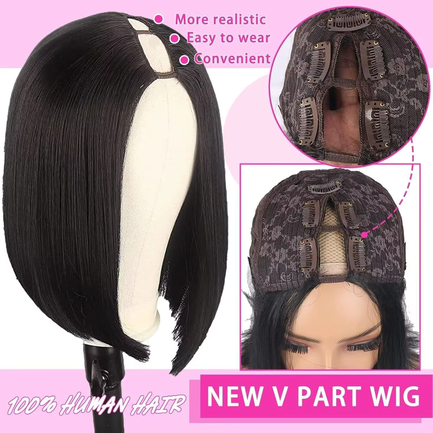 V partie perruque cheveux humains pour femmes court Bob droite sans colle brésilien Remy Bob pince en demi