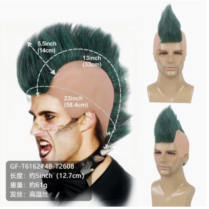 Perruque Mohawk pour hommes | Postiche pointue Punk Rock rouge et noire pour Halloween