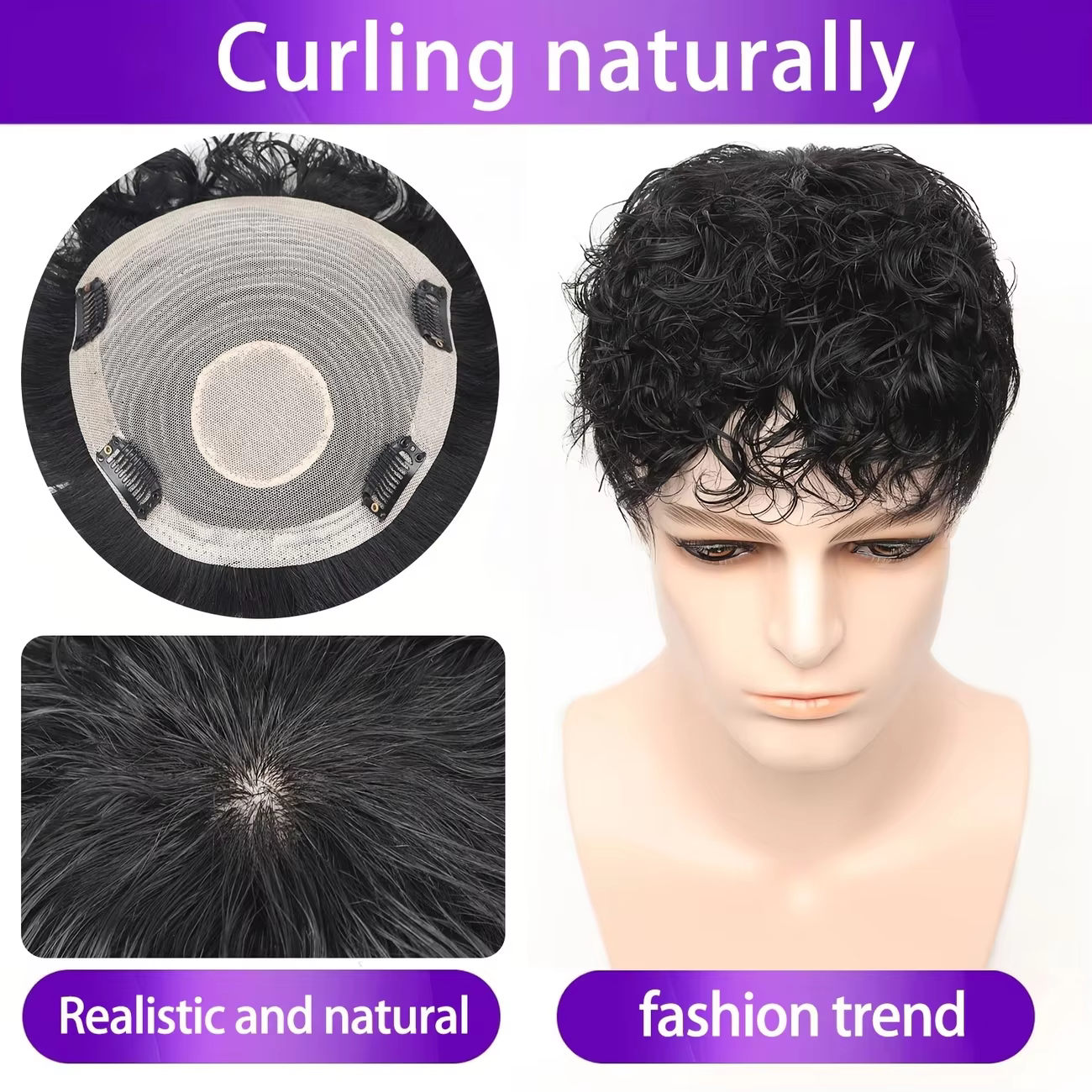 Perruque de cheveux humains bouclés pour hommes de 4 pouces
