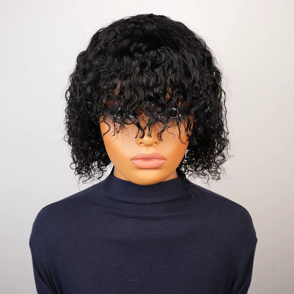 Perruque de cheveux humains crépus bouclés avec frange pour femmes noir 99J bordeaux sans colle courte vague d'eau