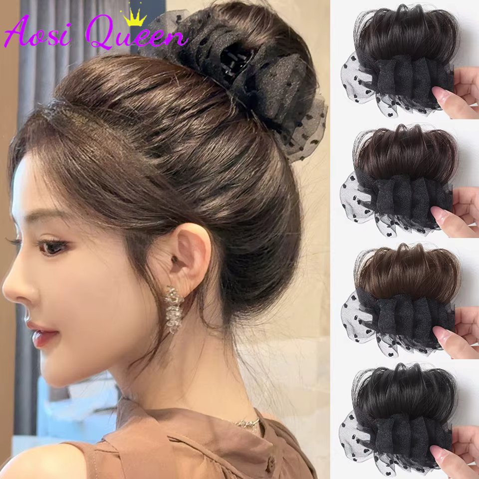 Extensions de chignon synthétiques avec pince à griffes et décoration en tulle