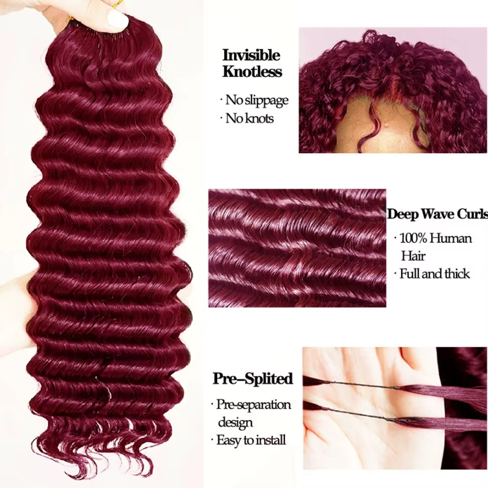 Extensions de cheveux en plumes Deep Wave couleur Bourgogne 100%