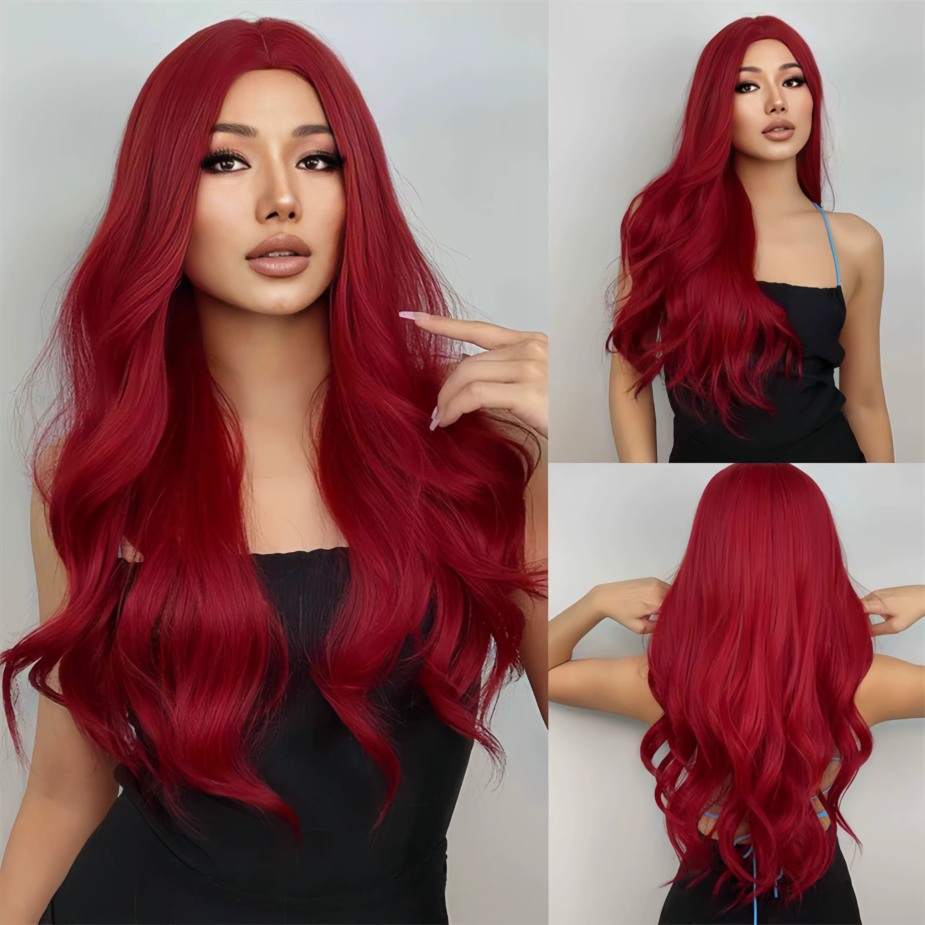 Perruque synthétique rouge avec partie centrale et cheveux longs ondulés. Convient aux fêtes quotidiennes et aux temps