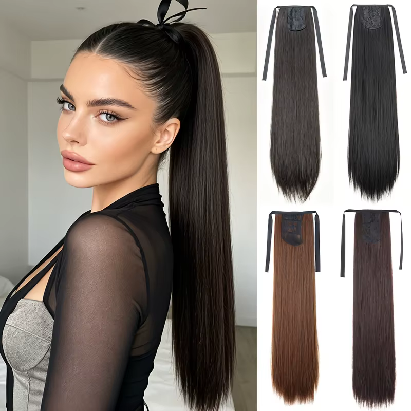 Extensions de cheveux synthétiques longues à nouer en queue de cheval