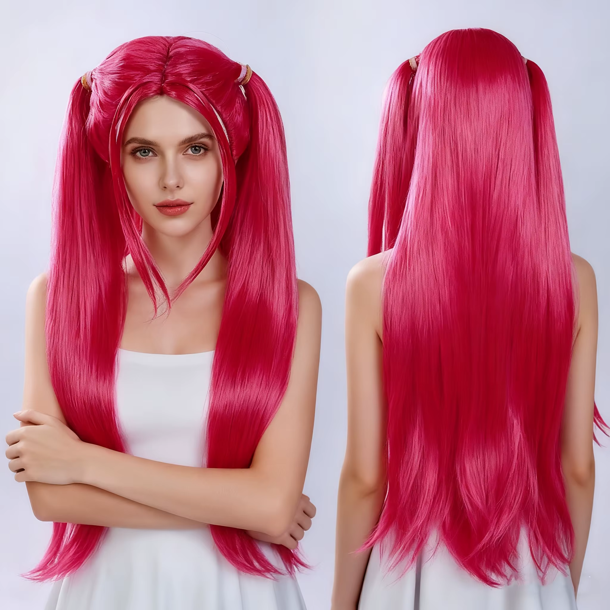 Perruque Anime longue rose avec motif double queue – Fibre synthétique résistante à la chaleur