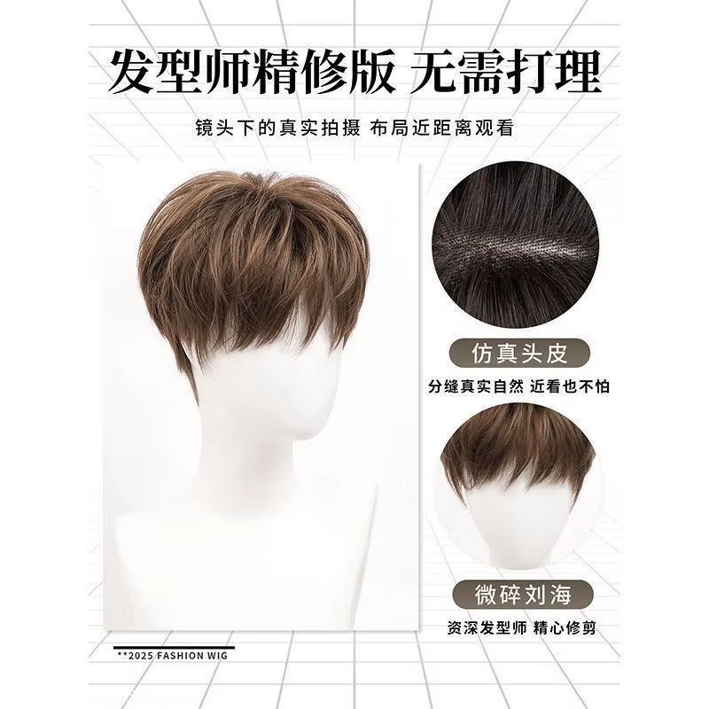 Perruque synthétique complète marron clair pour homme - Bonnet intégral