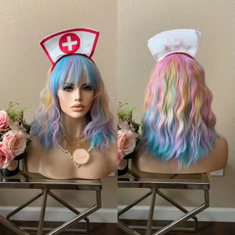 14 "femmes courte ondulée bouclée perruque arc-en-ciel Bob