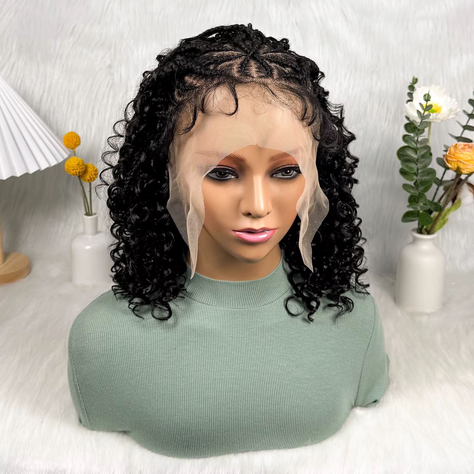 Perruque synthétique courte frisée KIMA Lace Front Cornrow avec tresses torsadées