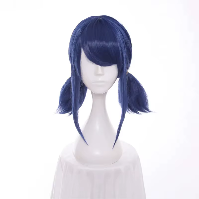 Perruque de Cosplay lisse à Double queue de cheval bleue