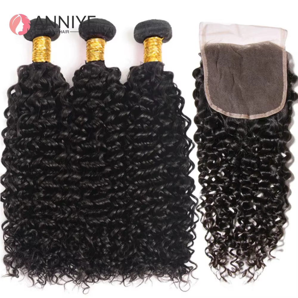 Lot de 3 mèches de cheveux humains bouclés crépus avec closure en dentelle 4x4