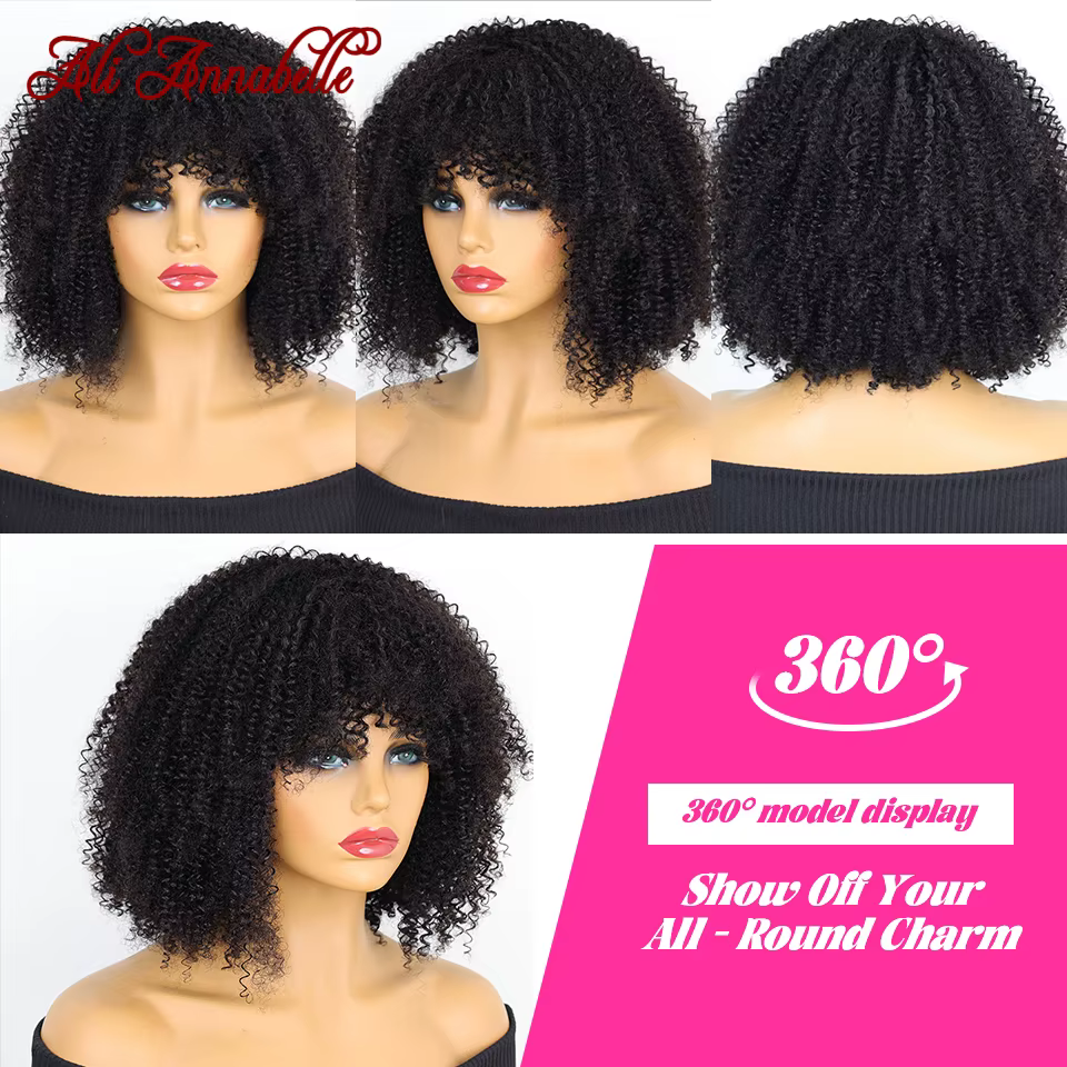 ALI ANNABELLE cheveux bouclés perruques avec frange pour les femmes noires fait à la Machine