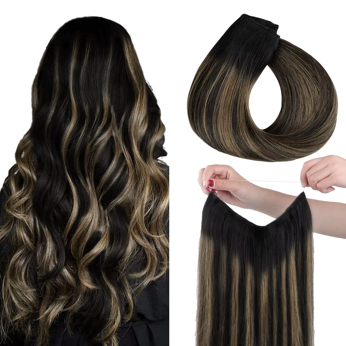 Extensions de cheveux naturels One Piece Fish Line 12-26 pouces # 1B/613 Noir à blond pour une ligne de séparation contrastante