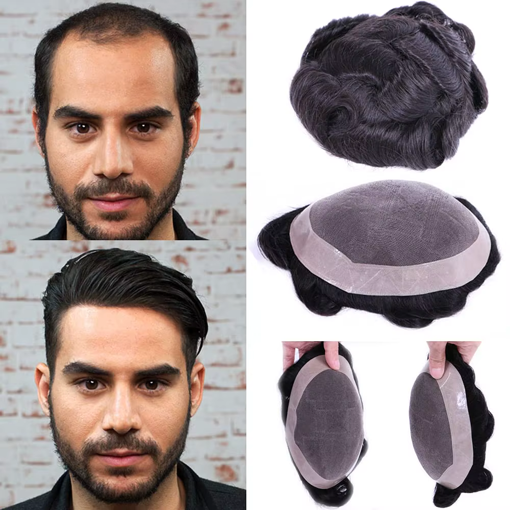 Hommes toupet D7-3 100% cheveux humains Mono Base dentelle + PU pour calvitie complète prix de liquidation petites