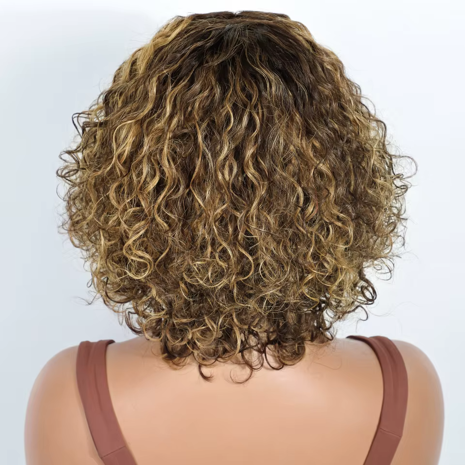 Lekker sans colle Blonde mettre en évidence court bouclés Bob partie centrale dentelle 100% perruques de cheveux