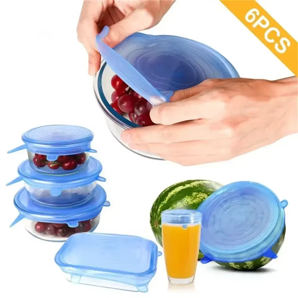 Juste en silicone réutilisable et durable pour les restes d'aliments frais, bol de batterie de cuisine lavable, conservation des aliments au micro-ondes, 6 pièces