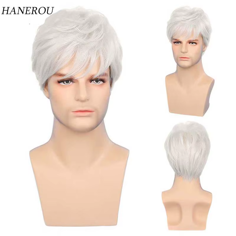 Perruque Synthétique Courte Bouclée avec Frange pour Homme