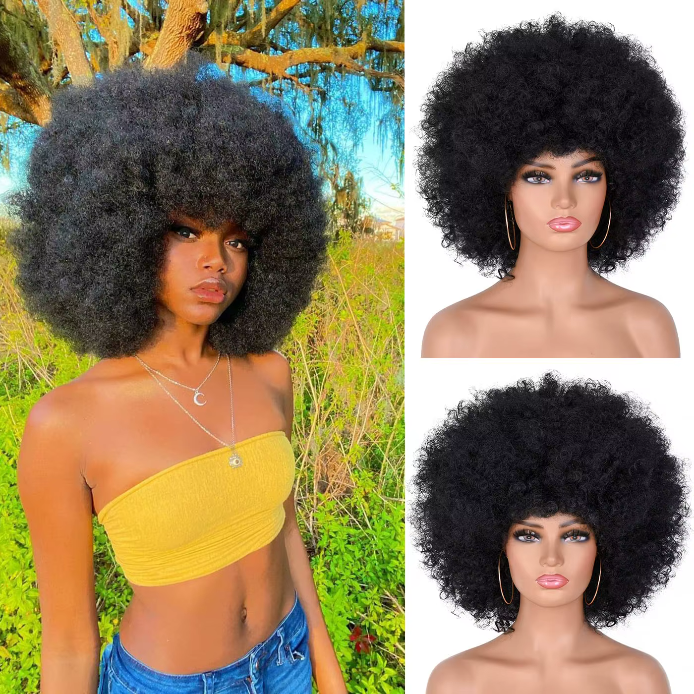 Perruques de cheveux humains Afro rebondissantes noirs naturels des années 70 avec frange entièrement fabriquées à la