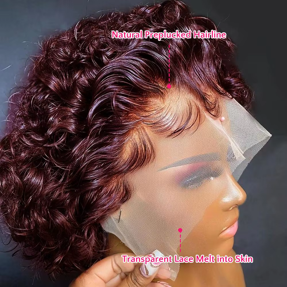 Perruque courte bouclée coupe pixie couleur miel avec mèches bordeaux 99J