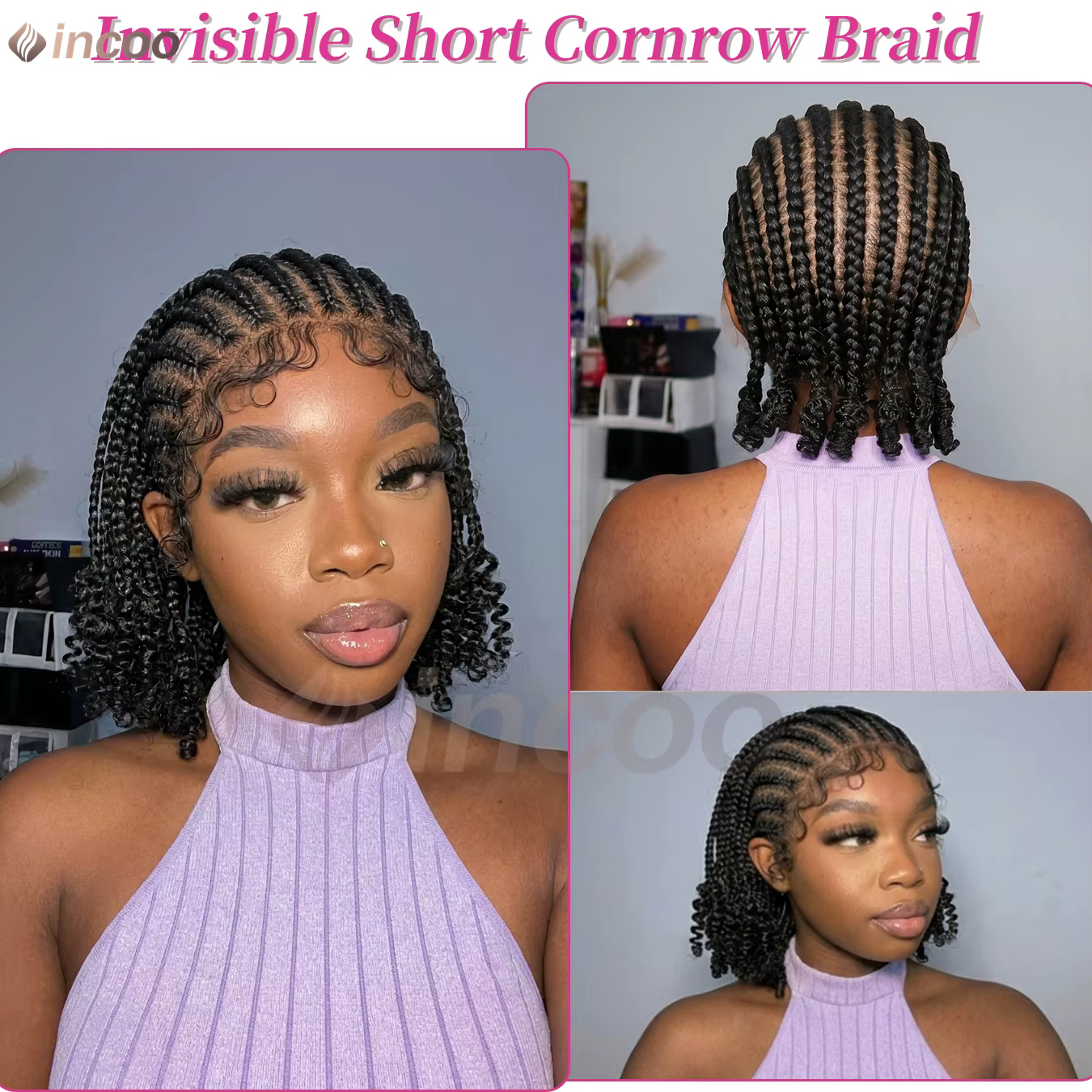 Perruques tressées synthétiques en boîte Conrow de 8 pouces, perruques avant entièrement en dentelle pour femmes, extrémités torsadées africaines, perruques tressées