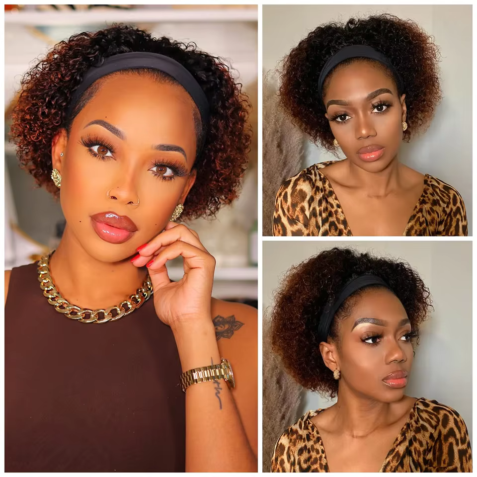 Perruque bandeau en cheveux humains bouclés, perruques brunes à enfiler, perruques bandeau sans colle avec bande élastique, coupe pixie, perruques bouclées en cheveux humains