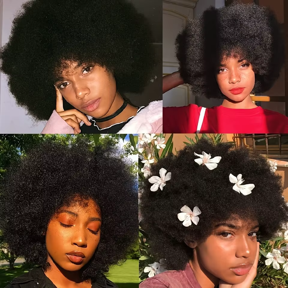 250% densité sans colle Afro bouclés perruques cheveux humains court crépus