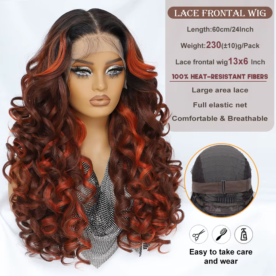 Latisha-Perruque Lace Front Synthétique Bouclée avec Frange pour Femme
