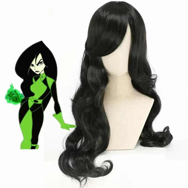 Anime Shego Cosplay perruque 80 cm longue vague bouclée noir