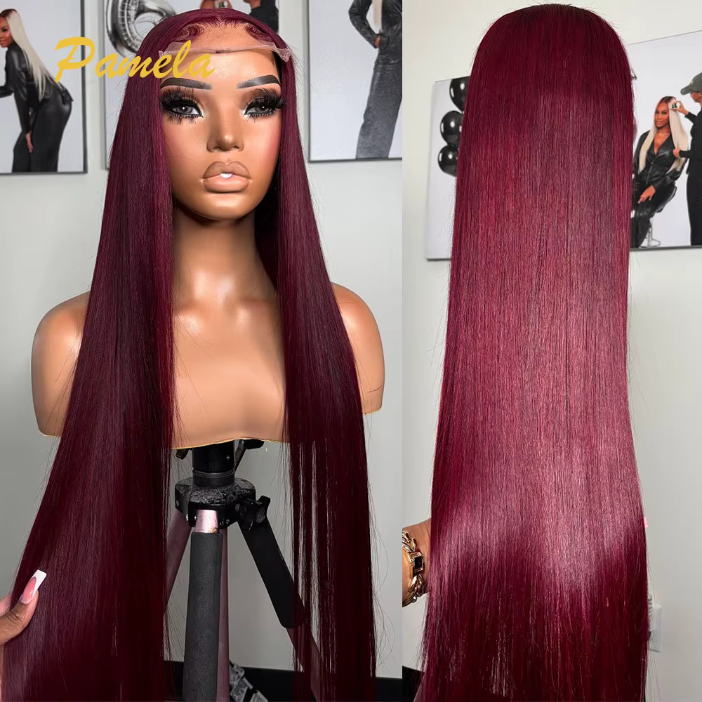 Perruque sans colle de couleur bordeaux Super Double tirage prête à porter 13x6 os droit Transparent 30 pouces avant de lacet perruques de cheveux humains