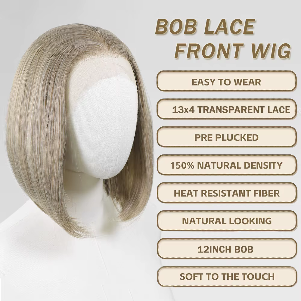 Perruque courte bob blonde avec mèches pour femme
